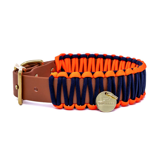 Biothane Paracord Halsband "Cognac/Dunkelblau-Neonorange"