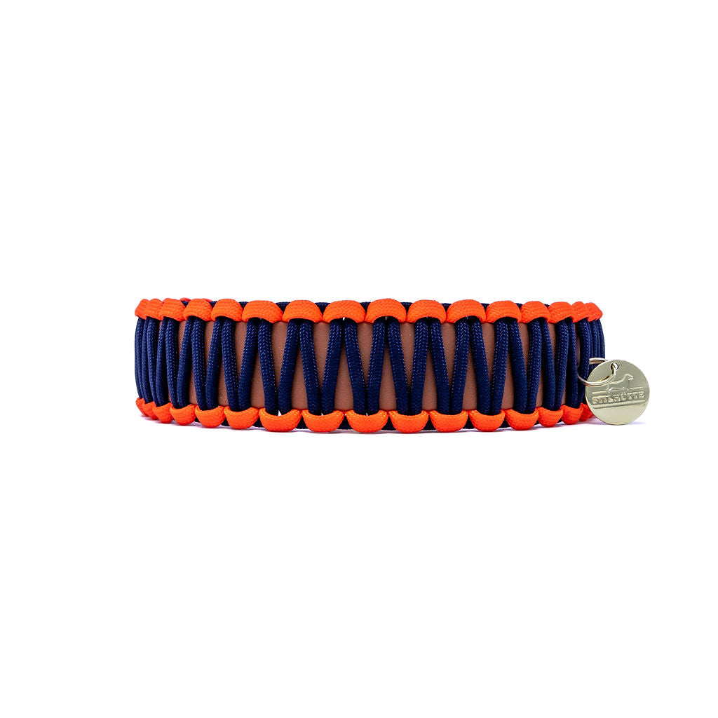 Biothane Paracord Halsband "Cognac/Dunkelblau-Neonorange"