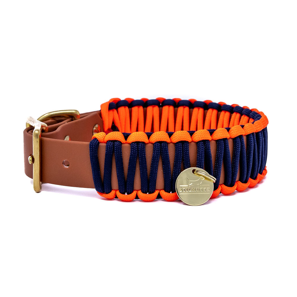 Biothane Paracord Halsband "Cognac/Dunkelblau-Neonorange"