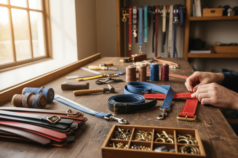 Erstelle mir ein Bild für einen Herstellungsprozess von Hunde Halsbändern und Leinen, was dazu gut passt um es als Header zu nehmen