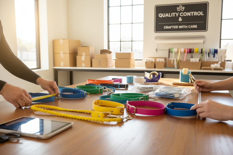 Erstelle mir ein Bild wo wir eine Qualitätskontrolle von Hunde Halsbänder und leinen durchführen und den Versand vorbereiten!